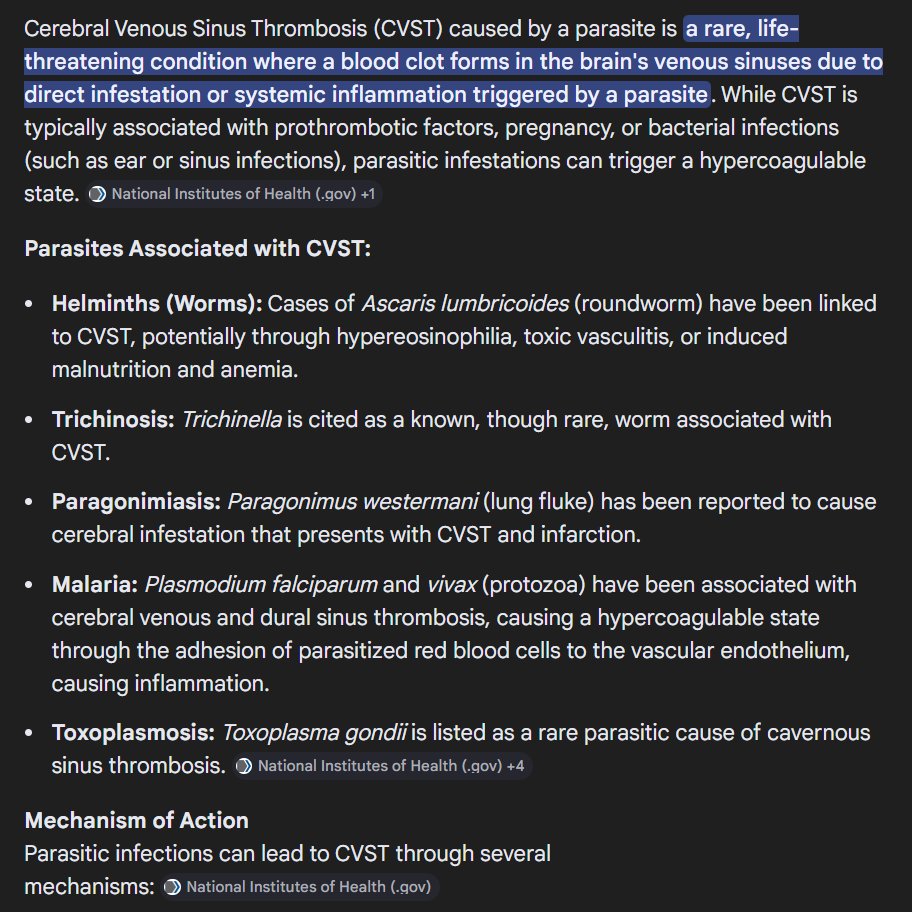 Venous Sinus Thrombosis is caused by parasites.