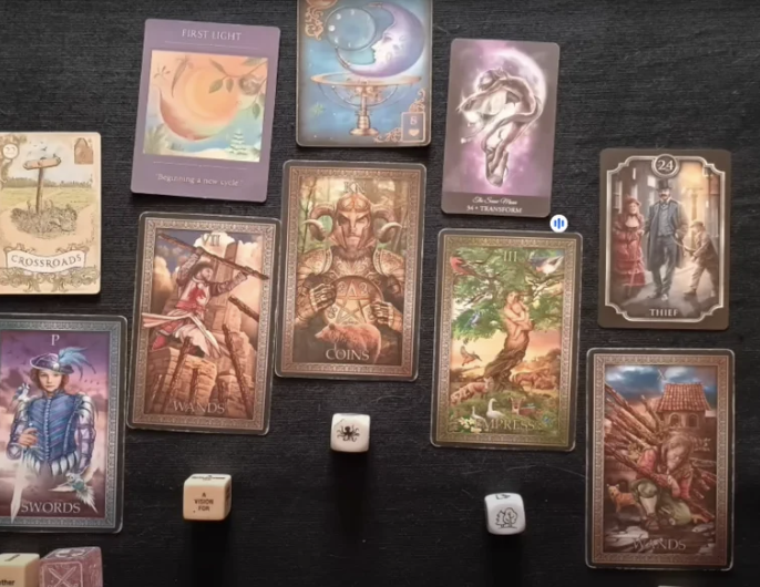 She states that the thieves (front and center) have the card of justice directly below, meaning this mystery will be solved.